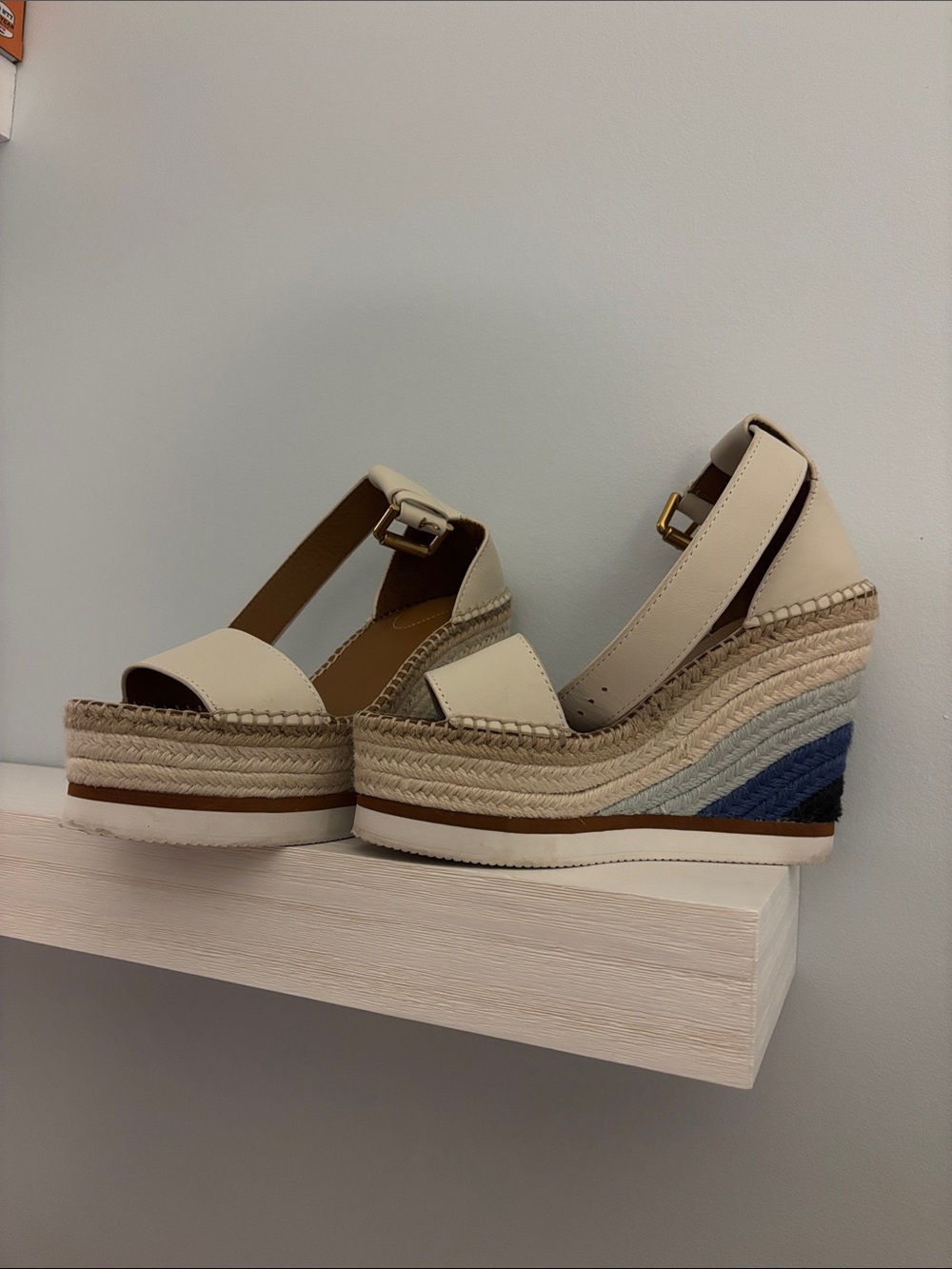 See By Chloe Cream Espadrille Platform Wedge Sandals with Blue Accent